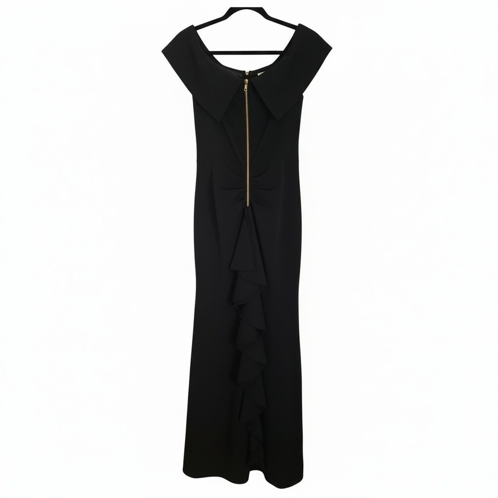 Betsy & Adam Gown Women 12 Black Excellent Off-Shoulder Ruffle Back Maxi Dress - Picture 3 of 10